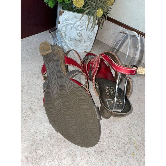 LArtiste Womens Red & Brown Leather Open-Toe Heeled Sandals With Gemstone Accent - Picture 7 of 10